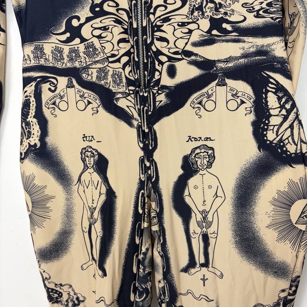 Jean Paul Gaultier Printed Heraldique Long Sleeve High Neck Catsuit XXL Cream - Picture 11 of 16